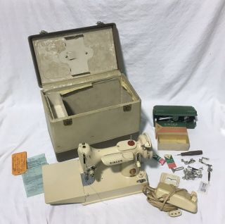 Vintage Singer Featherweight 221j Tan Sewing Machine W/case & Accessories