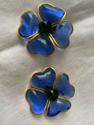 Vintage Chanel 1995a Blue Gripoix Glass Flower Earrings