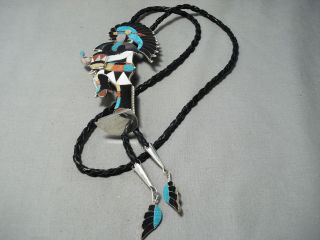 ONE OF THE BIGGEST BEST VINTAGE ZUNI TURQUOISE STERLING SILVER BOLO TIE 2