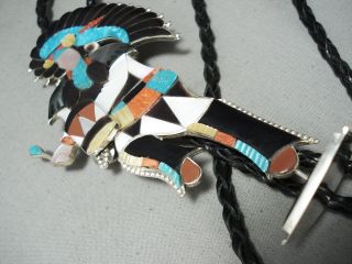 ONE OF THE BIGGEST BEST VINTAGE ZUNI TURQUOISE STERLING SILVER BOLO TIE 3