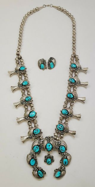 Vintage Navajo Sterling Silver & Turquoise Squash Blossom Necklace W/ Earrings