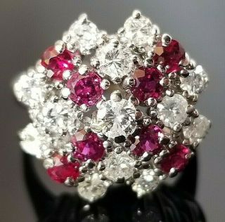 2.  70tcw Stunning Vintage Red Ruby Diamond Cluster 14k White Gold Ring