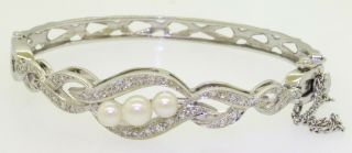 Vintage heavy 14K WG 1.  0CTW VS/G diamond & 5.  7mm pearl hinged bangle bracelet 2