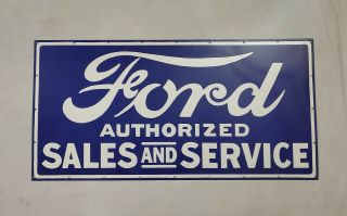 Vintage Authorized Ford Sales And Service Porcelain Enamel Sign.