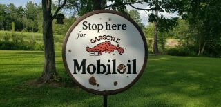 Vintage Mobiloil Gargoyle Lollipop Double Sided Porcelain Enamel Sign