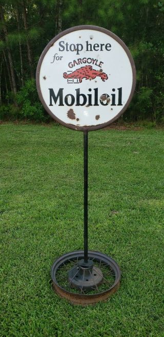 Vintage Mobiloil Gargoyle Lollipop Double Sided Porcelain Enamel Sign 2