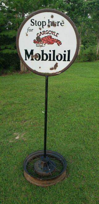 Vintage Mobiloil Gargoyle Lollipop Double Sided Porcelain Enamel Sign 3