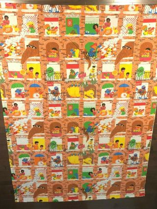 Vintage Sesame Street Twin Flat Sheet Brick Apartment Building Muppets Fabric