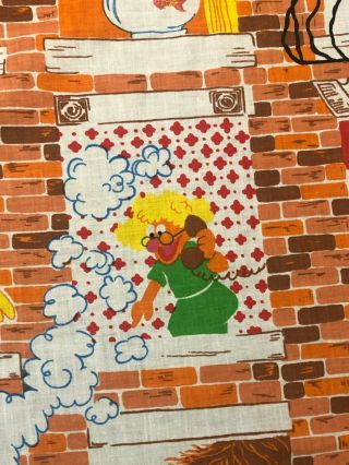 Vintage Sesame Street Twin Flat Sheet Brick Apartment Building Muppets Fabric 3