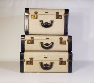 Vintage Suitcase Luggage Set 3 Pc With Keys Lincoln Zephyrweight Tan & Navy Blue