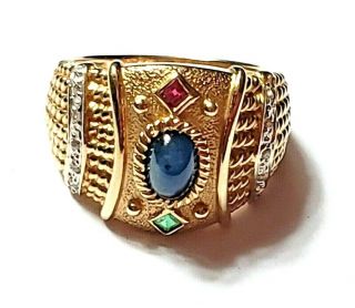 Vintage Etruscan Style Ring,  14k Yellow Gold,  Natural Ruby Sapphire Emerald