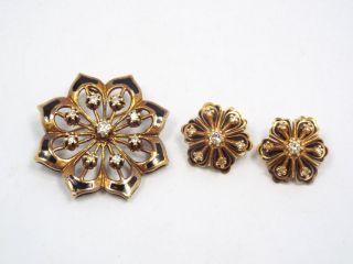 Vtg 14k Yellow Gold Black Enamel Diamond Flower Star Brooch & Clip Earrings Set