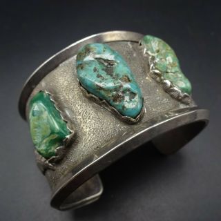 Heavy Signed Vintage Navajo Tufa Cast Sterling Silver Turquoise Cuff Bracelet