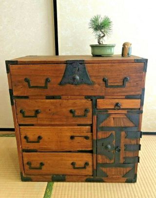 Antique Japanese Furniture Raw Wood Metal Cabinet Clothes Chest Isho Tansu