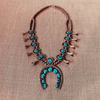 Huge Vintage Sterling Silver & Turquoise Squash Blossom Navajo Necklace Naja Ajb