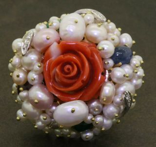 Heavy Jumbo Vintage 14k Gold 16mm Red Coral Rose Flower Pearl Diamond/gem Ring