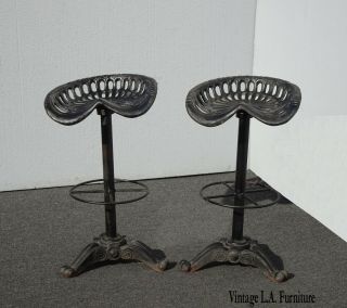 Pair Vintage Black Industrial Wrought Iron Swivel Tractor Seat Bar Stools