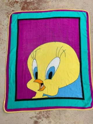 Vintage 90’s Tweety Bird Looney Tunes 48x60 Fleece Throw Blanket Purple Blue