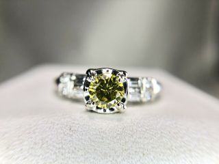 Vintage 14k White Gold Natural Fancy Vivid Yellow Round Diamond Engagement Ring