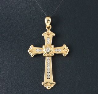 Vintage Solid 18ct 18k Yellow Gold Cross Pendant With Diamonds
