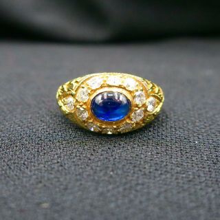 Vintage 18k Solid Yellow Gold Blue Sapphire And Diamond Hand Carved Gypsy Ring