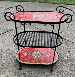 Vintage Iron Tile Inlay Rolling Bar Cart Spanish Revival