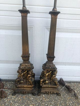 Antique Vintage Pair Brass Bronze Metal Cherub Column Buffet Lamps 26 Inch