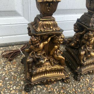 Antique Vintage Pair Brass Bronze Metal Cherub Column Buffet Lamps 26 Inch 2