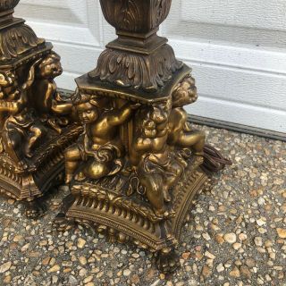 Antique Vintage Pair Brass Bronze Metal Cherub Column Buffet Lamps 26 Inch 3