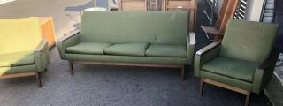 Vintage Mid Century Modern Pearsall Style Sofa Couch W/ 2 Chairs Green & Walnut