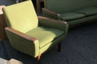 Vintage Mid Century Modern Pearsall Style Sofa Couch W/ 2 Chairs Green & Walnut 3