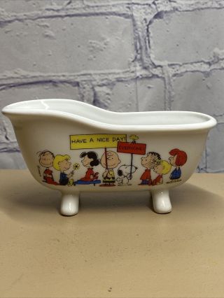 Vtg Determined Snoopy Peanuts Gang Ceramic Bathtub Planter Figurine Soap Dish