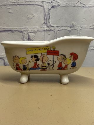 Vtg Determined Snoopy Peanuts Gang Ceramic Bathtub Planter Figurine Soap Dish 3
