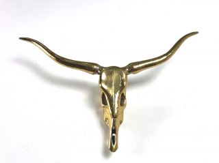 Vintage Mid Century Solid Brass Longhorn Steer Skull Head Horns Wall Sculpture