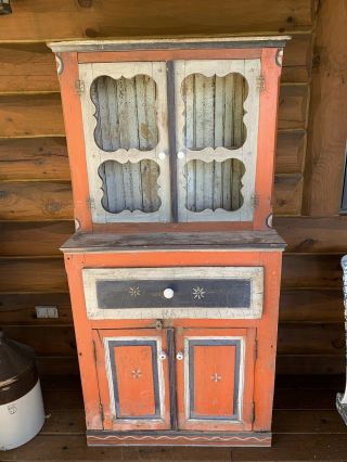 Antique Vintage Primitive Wood Hand Painted Cupboard Hutch,  Kitchen Cabinet