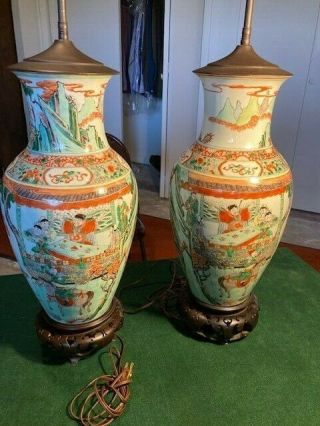 Antique Vintage Asian Chinese Oriental Temple Vase Urn Lamps Large Mirrored