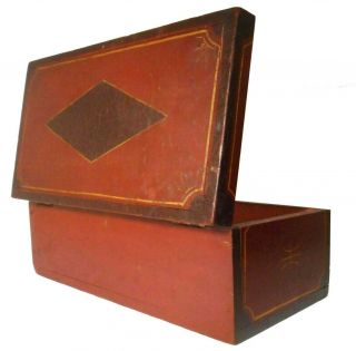 Rare Early 19th C American Antique Hand Painted,  Fancy Dec Wood Box W/salmon Int
