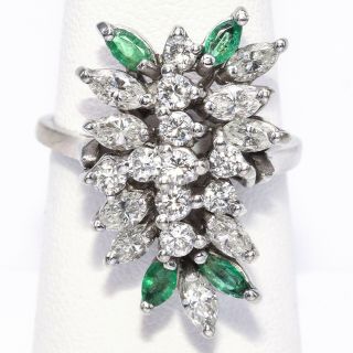 Vintage 14k White Gold Emerald & 1.  63 Tcw Diamond Cluster Cocktail Ring 6.  8g G/h