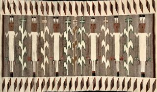 Finely Woven Vintage Navajo Corn Yei Rug,  Brown - Grey Background,  C1940