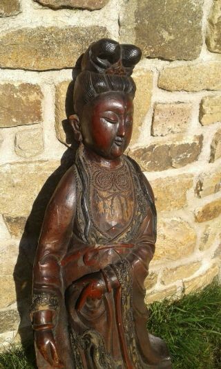 Large Antique Chinese Carved Wooden Guanyin Figure Late 18th Early 19th Century