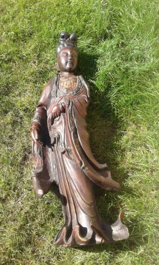 LARGE ANTIQUE CHINESE CARVED WOODEN GUANYIN FIGURE LATE 18TH EARLY 19TH CENTURY 2