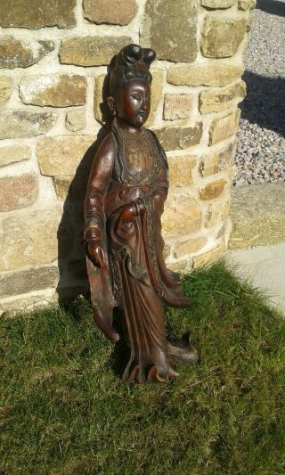 LARGE ANTIQUE CHINESE CARVED WOODEN GUANYIN FIGURE LATE 18TH EARLY 19TH CENTURY 3