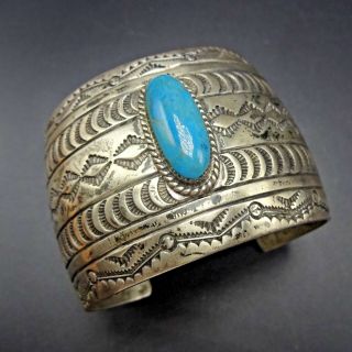 Extra Wide Hand - Stamped Vintage Navajo Sterling Silver Turquoise Cuff Bracelet