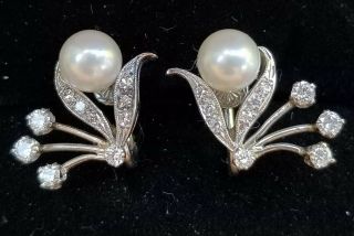 Vintage 14k Gold Pearl Diamond Flower Earrings - Gemstone Earrings - Estate Jewelry