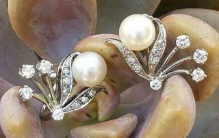 Vintage 14k Gold Pearl Diamond Flower Earrings - Gemstone Earrings - Estate Jewelry 3