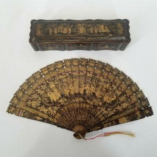 Antique Chinese Black Lacquer Fan Hand Paint Gilt Scenes Silk Lined Box