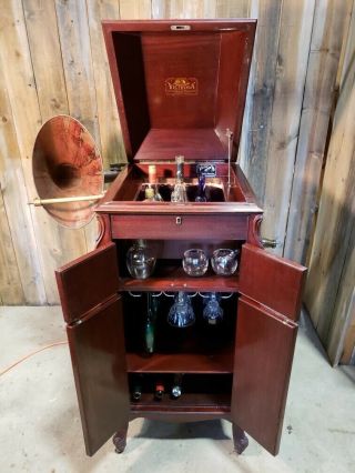 Antique Victrola Upcycled Liquor Cabinet W Bluetooth Speaker,  Interior Lighting,