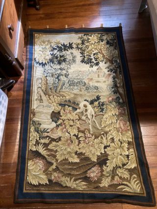 Antique Vintage Wool Woven Needlepoint French Tapestry Wall Hanging Dog Bird