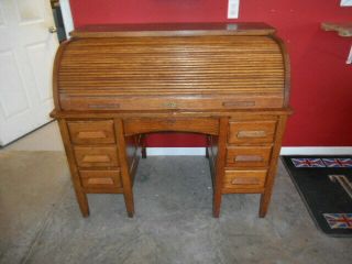 Antique Vintage Solid Oak Roll Top Desk