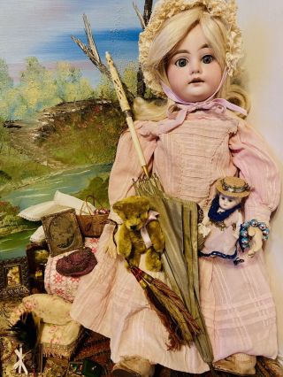 Antique 1894 AM 8 DEP 21” German Doll / 5” Doll/ 5” Mohair Bear / Chest Filled 2